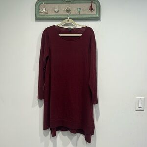 Eileen Fisher Sweater Dress Burgundy 100% Merino Wool Asymmetrical Long Sleeve L
